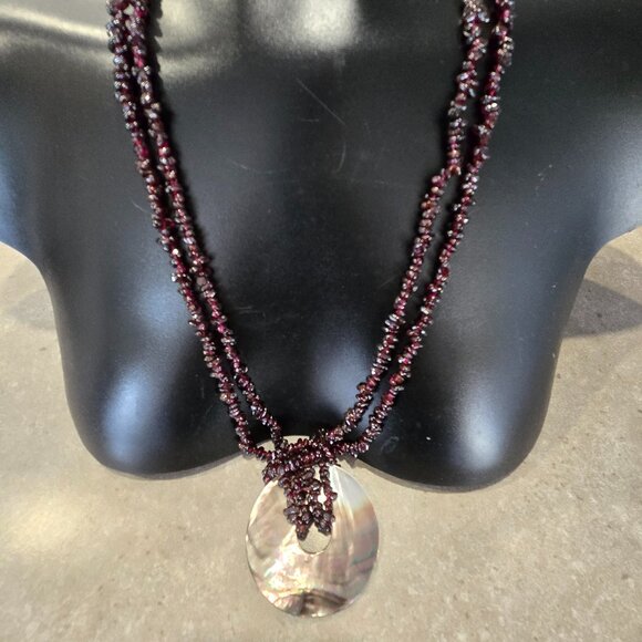 Women's Purple Beads Statement Necklace w/Donut Hole M-O-P Shell Pendant - Picture 3 of 14